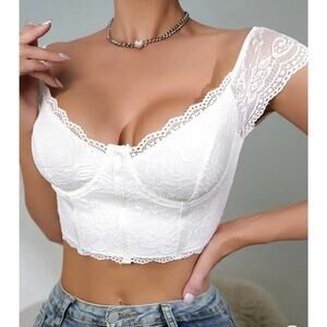 Sexy Lace Trim, Floral Lace Back Short Sleeve Crop Top